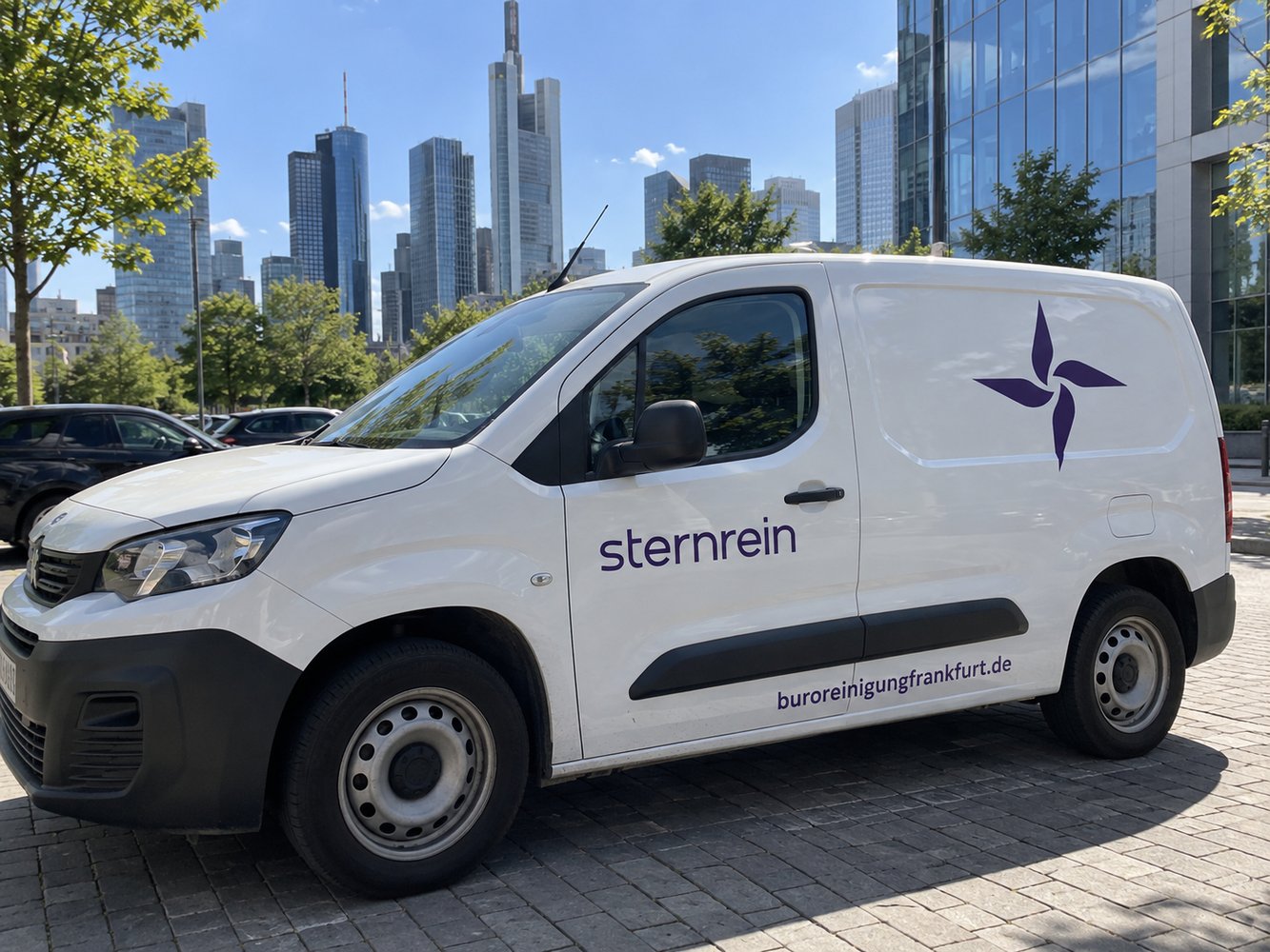 Firmenfahrzeug von Sternrein Büroreinigung vor der Frankfurter Skyline